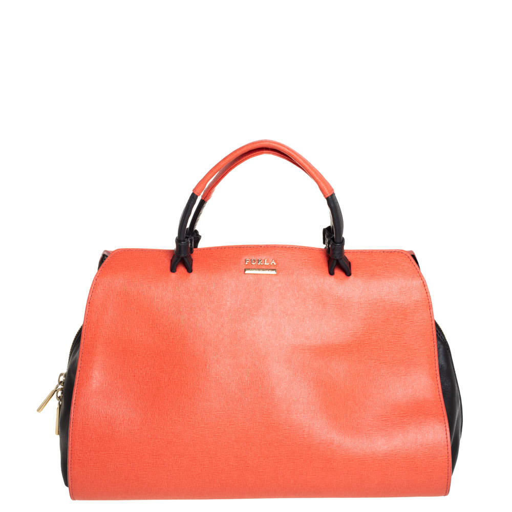 Furla Coral Red/Black Leather Convertible Satchel