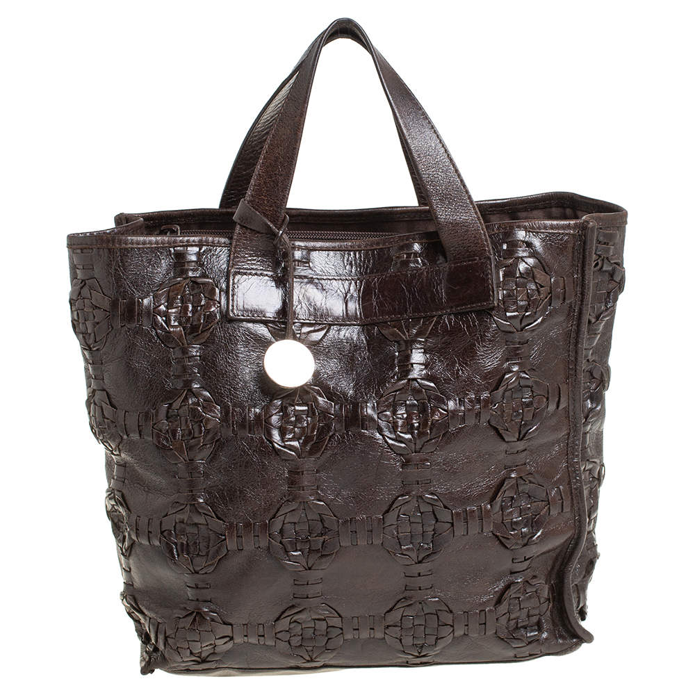 Pre Owned Furla Dark Brown Woven Leather Divide It Tote