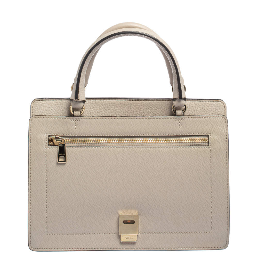 Pre Owned Furla Beige Leather Like Top Handle Bag