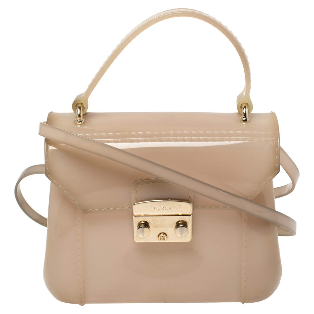 Pre Owned Furla Beige Rubber Metropolis Top Handle Bag