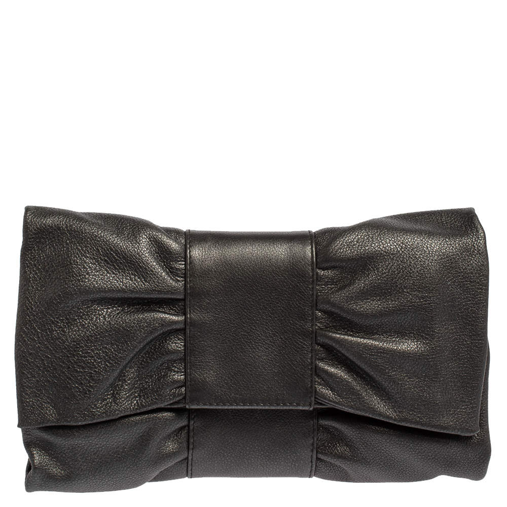 Pre Owned Furla Metallic Grey Leather Bow Clutch