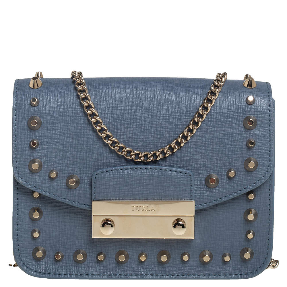 Pre Owned Furla Blue Leather Mini Studded Metropolis Chain Crossbody Bag