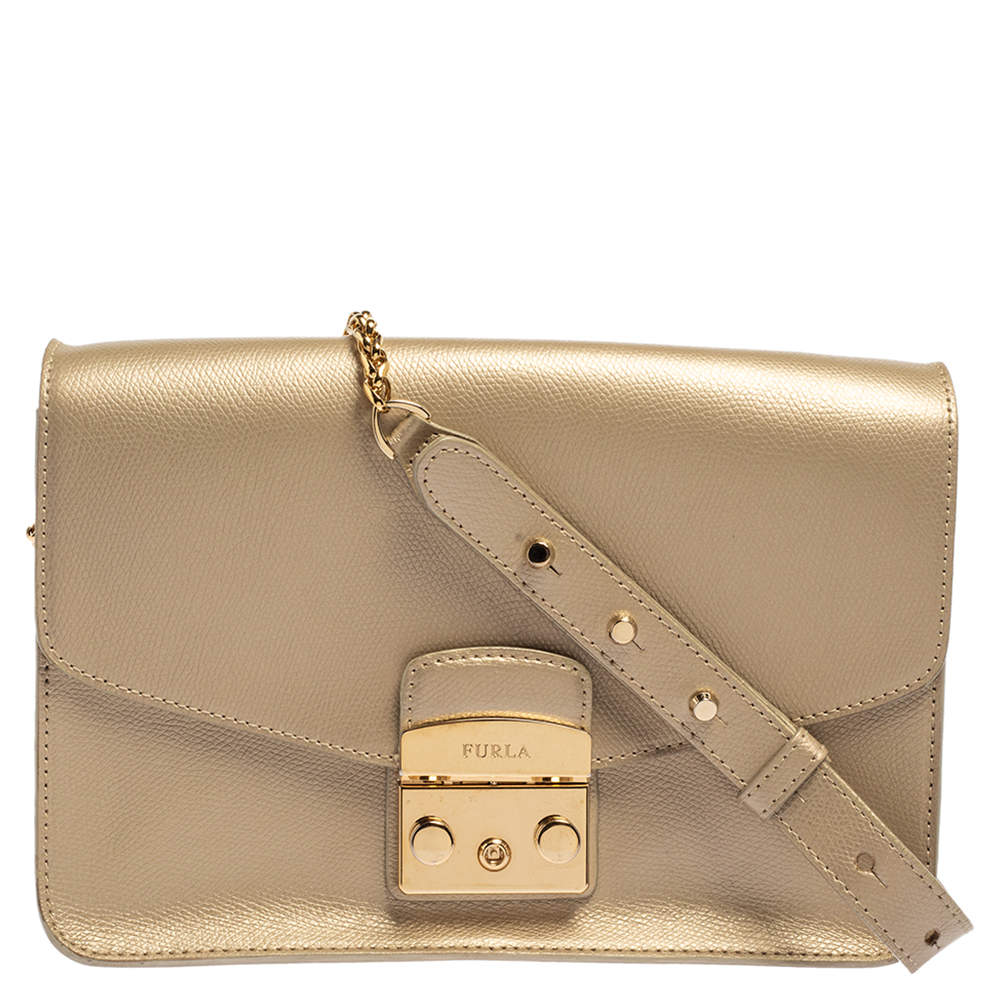 Pre Owned Furla Metallic Beige Leather Metropolis Shoulder Bag