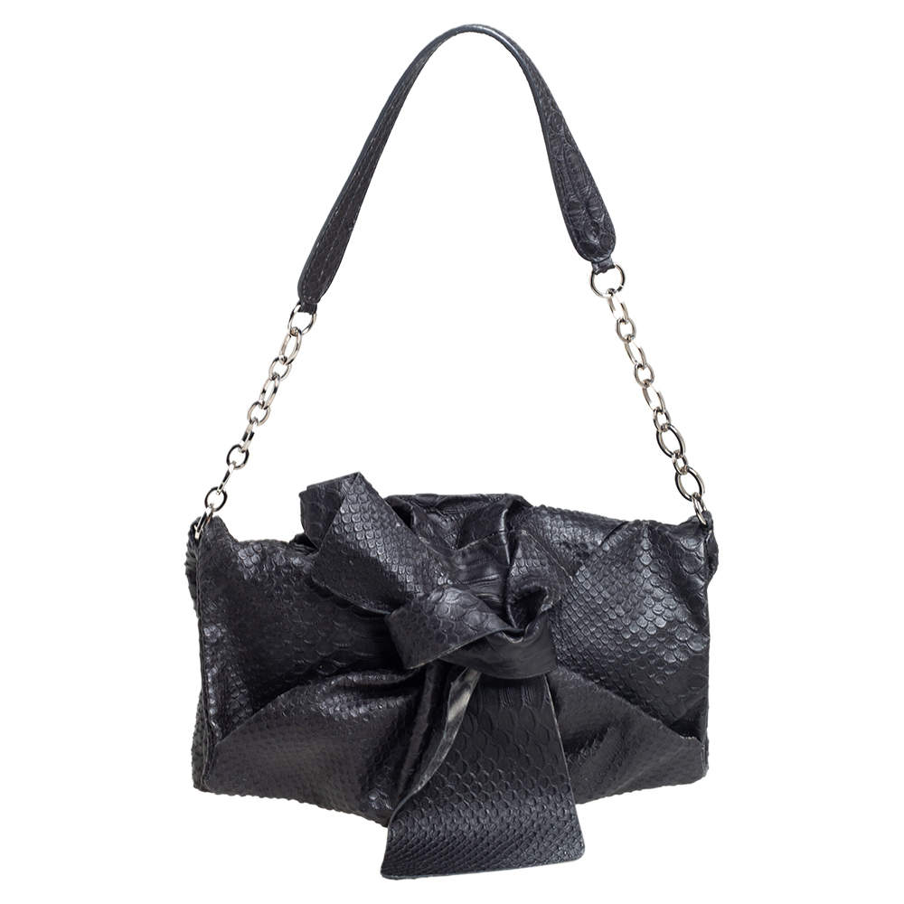 Pre Owned Furla Black Python Embossed Leather Flap Shoulder Bag