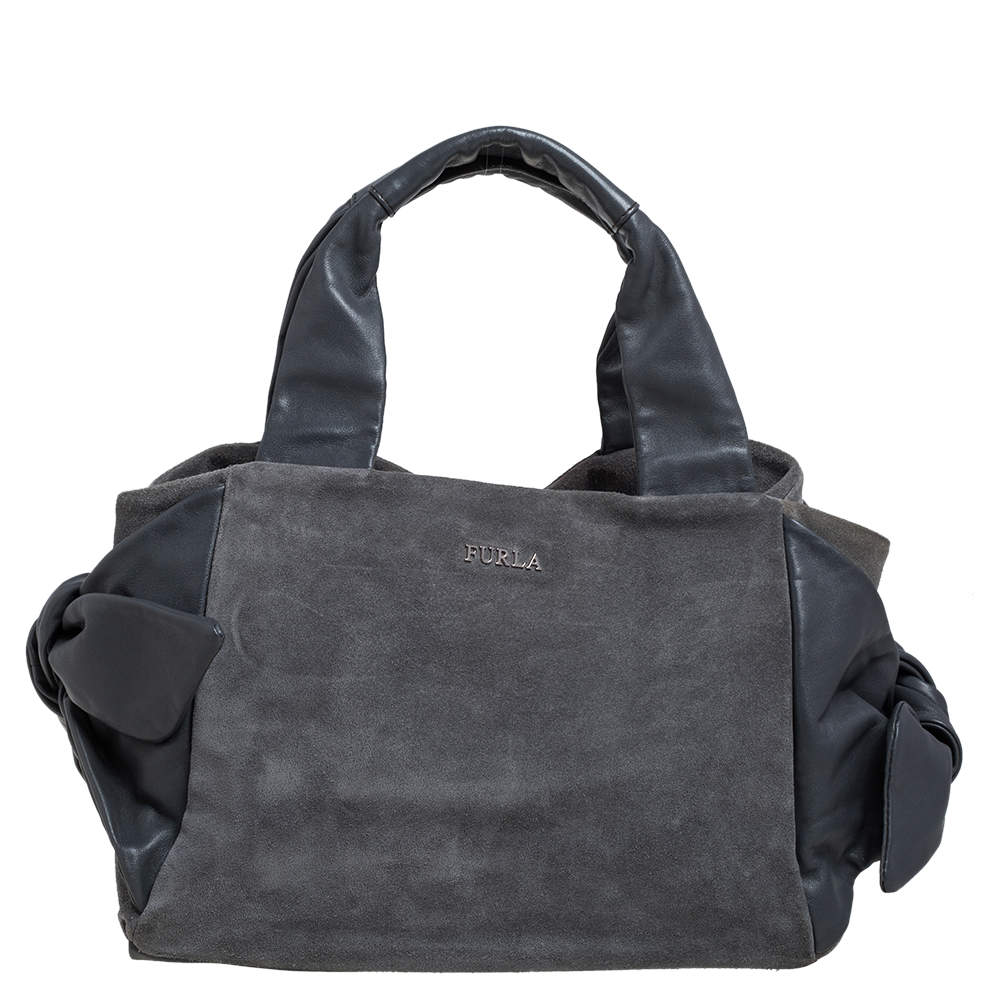 Furla Grey Suede and Leather Side Bow Satchel
