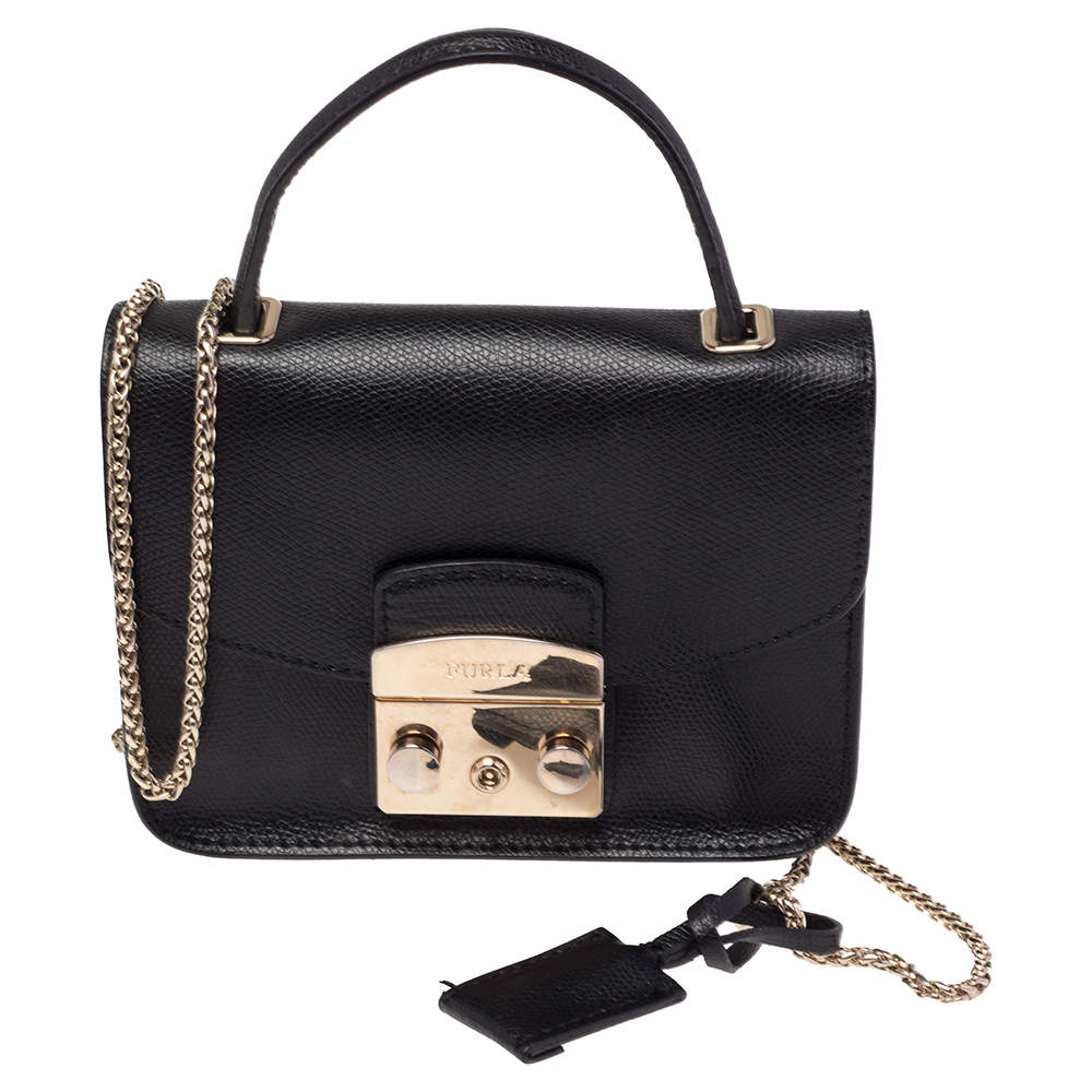 Pre Owned Furla Black Leather Mini Metropolis Top Handle Bag