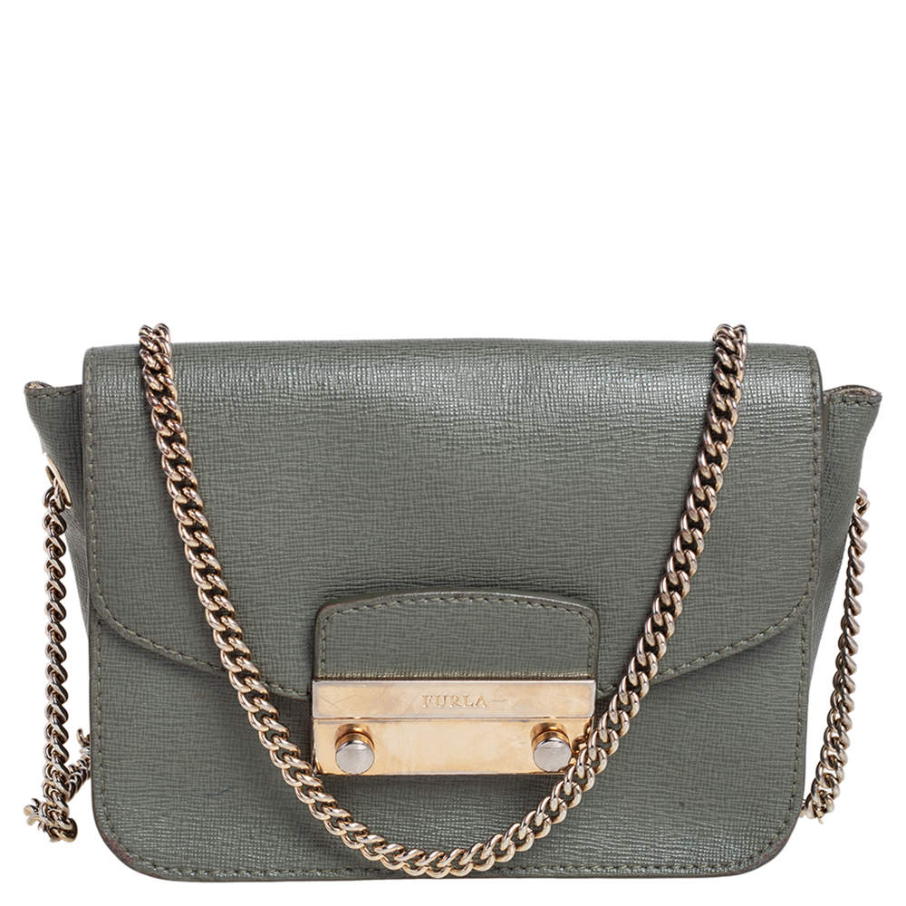 مملوكة مسبقًا Furla Greyish Green Leather Mini Metropolis Chain Crossbody Bag