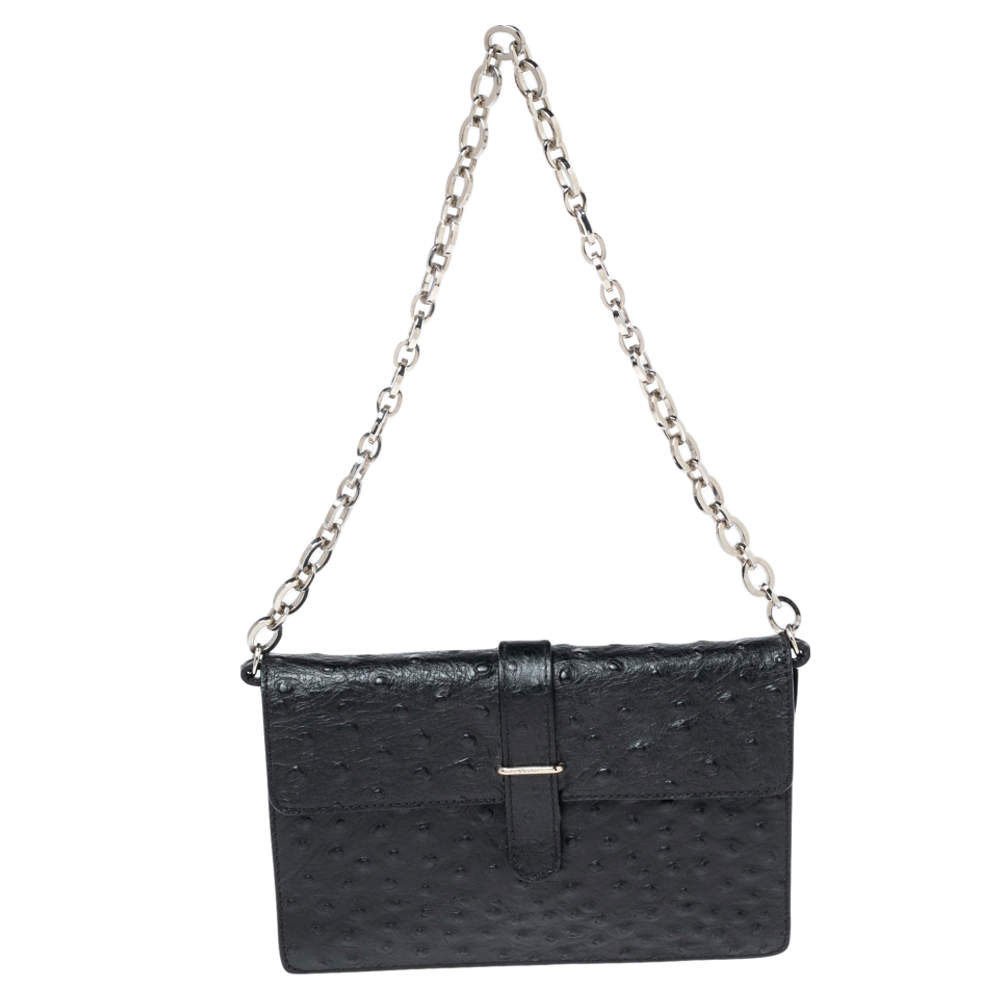 Furla Black Ostrich Embossed Leather and Suede Chain Clutch