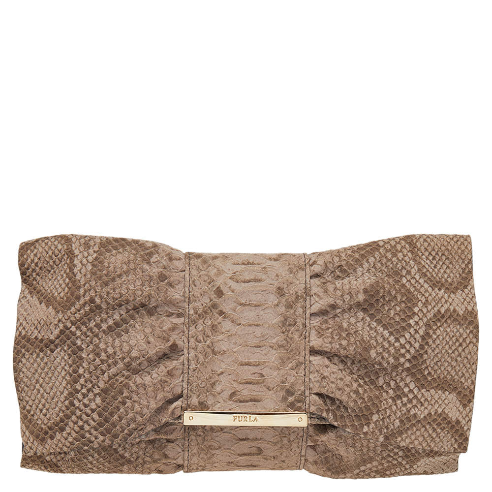 Pre Owned Furla Beige Python Embossed Leather Bow Flap Clutch