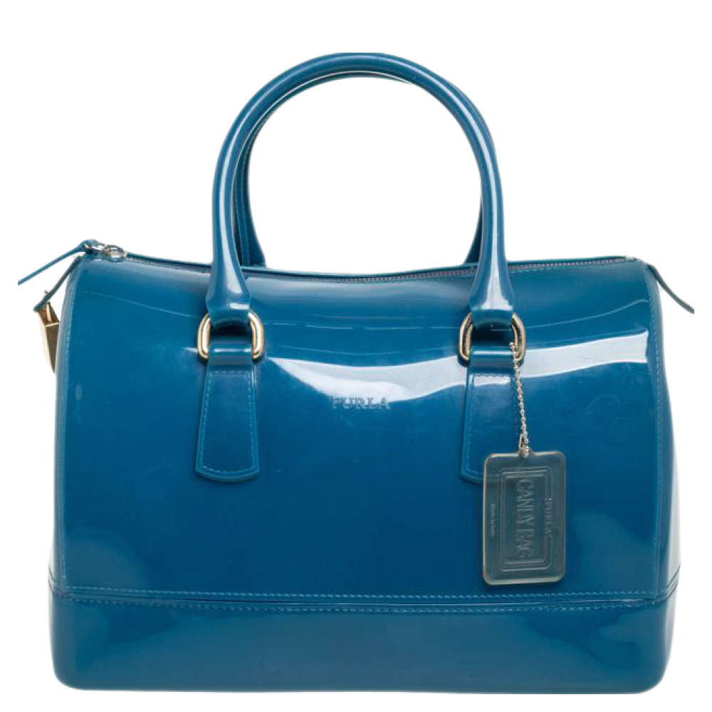 Pre Owned Furla Blue Rubber Medium Candy Satchel