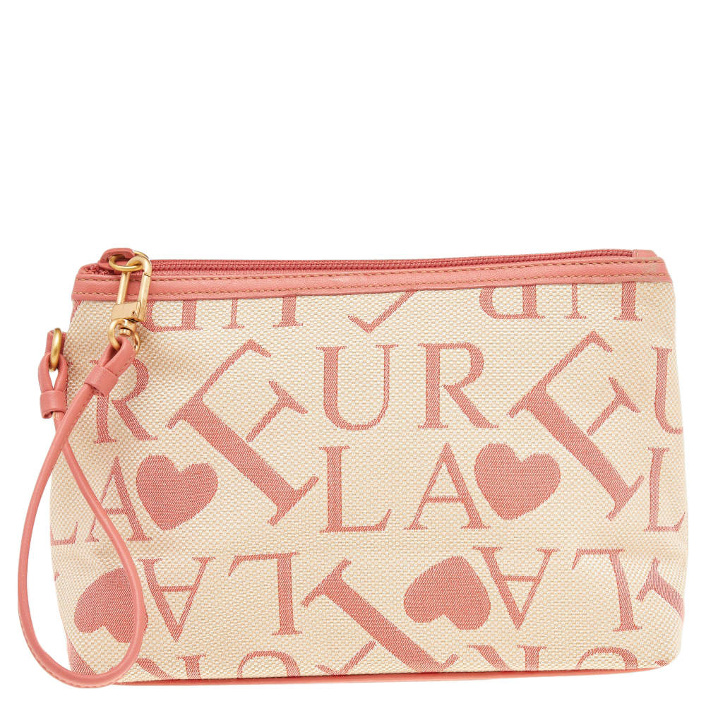 Pre Owned Furla Beige/Pink Signature Canvas Wristlet Clutch