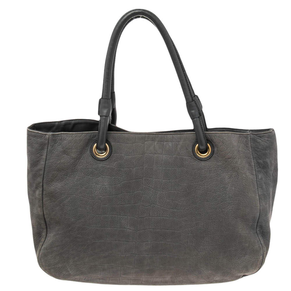 Pre Owned Furla Grey Croc Embossed Leather Open Tote 