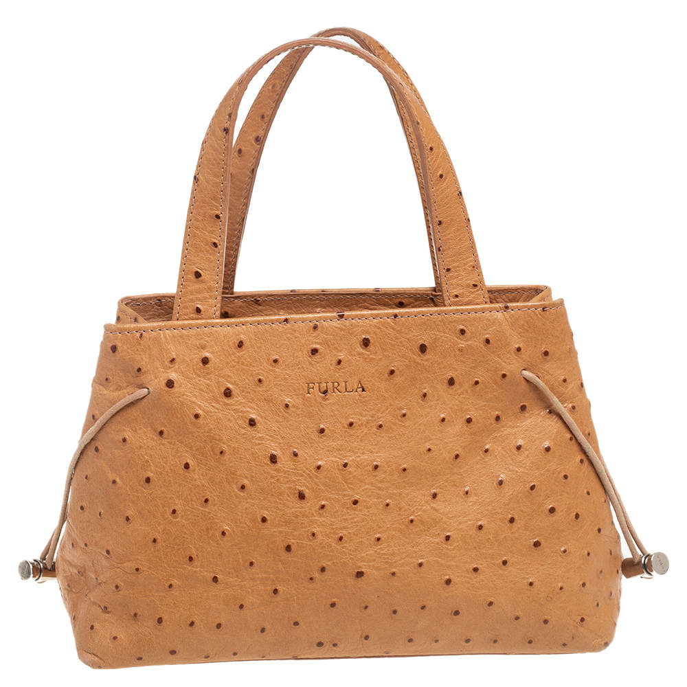 Pre Owned Furla Tan Ostrich Embossed Leather Satchel
