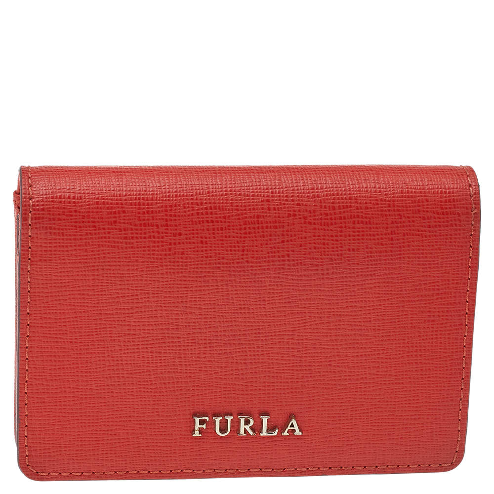 Pre Owned Furla Orange Leather Flap Card Holder