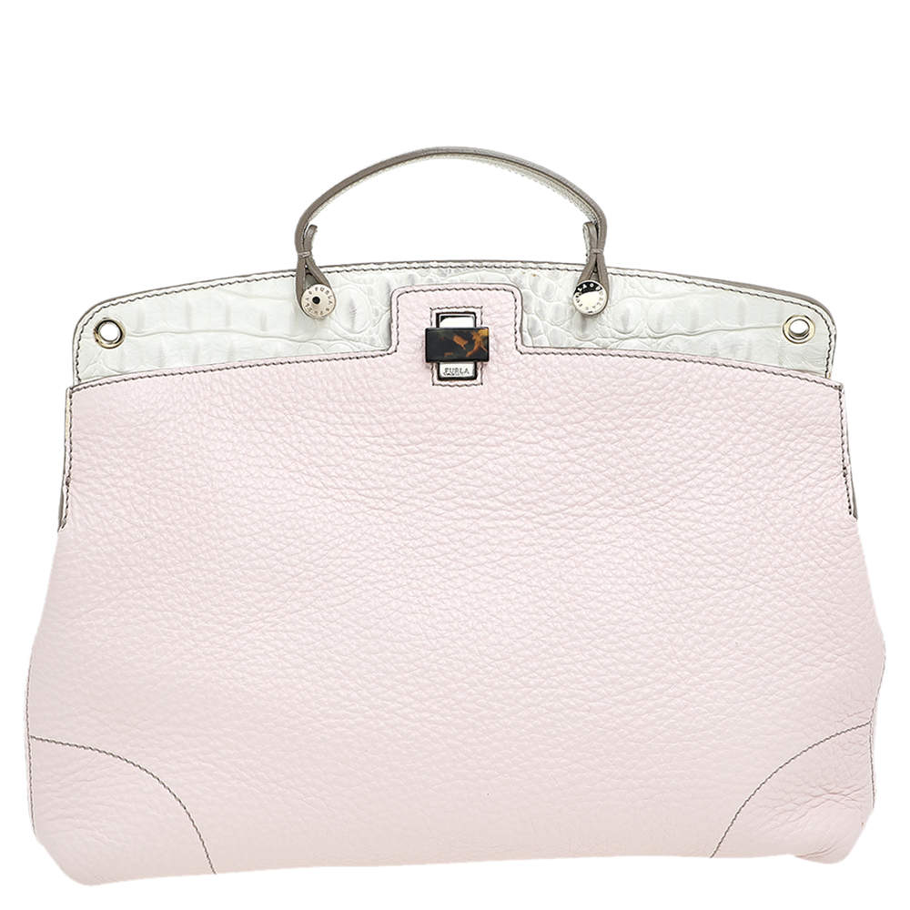Pre Owned Furla Pink/White Leather Piper Cartella Top Handle Bag