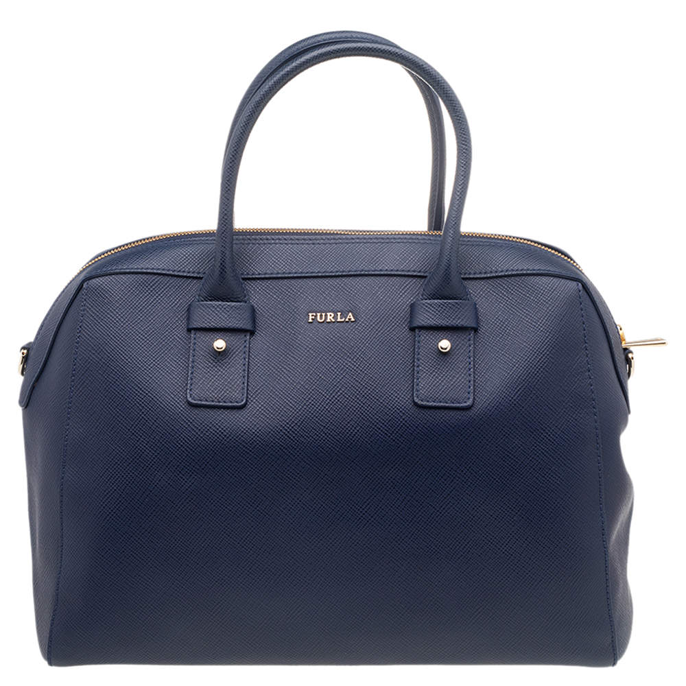 Pre Owned Furla Blue Leather Boston Bag