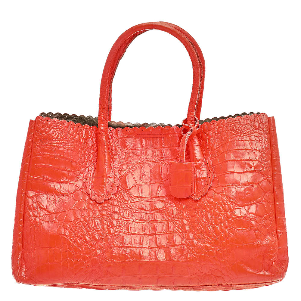 Pre Owned Furla Neon Orange Croc Embossed Leather Tote