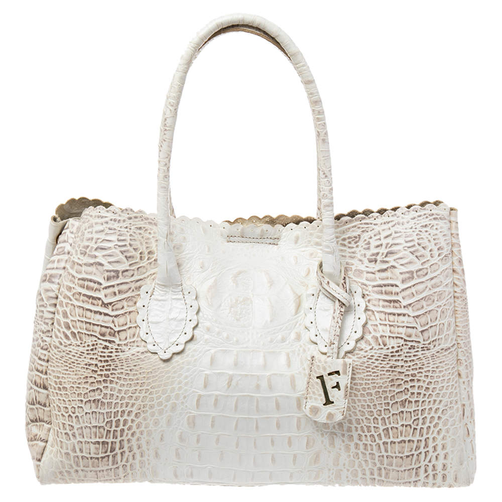 Pre Owned حقيبة يد فورلا جلد نقش تمساح بيج/ أبيض