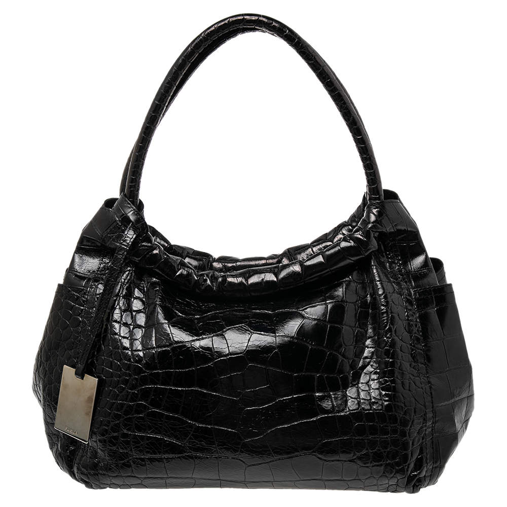 Pre Owned Furla Black Croc Embossed Leather Hobo