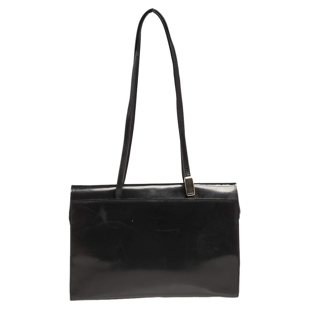 Pre Owned Furla Black Patent Leather Tote