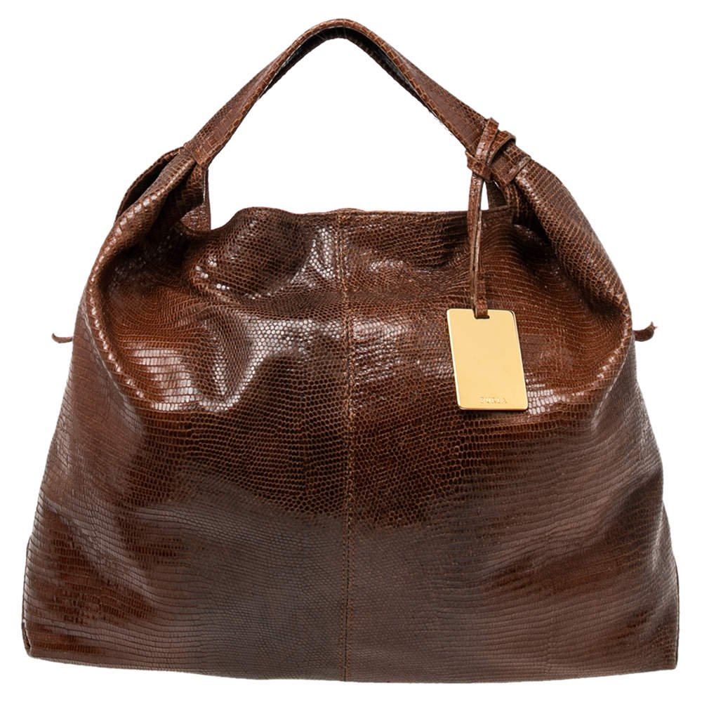 Pre Owned Furla Brown Lizard Embossed Leather Hobo
