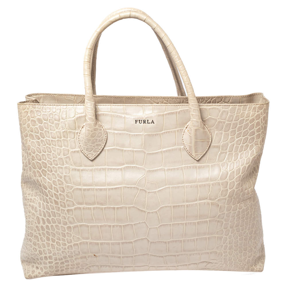 مملوكة مسبقًا Furla Offwhite Croc Embossed Leather Martha Tote