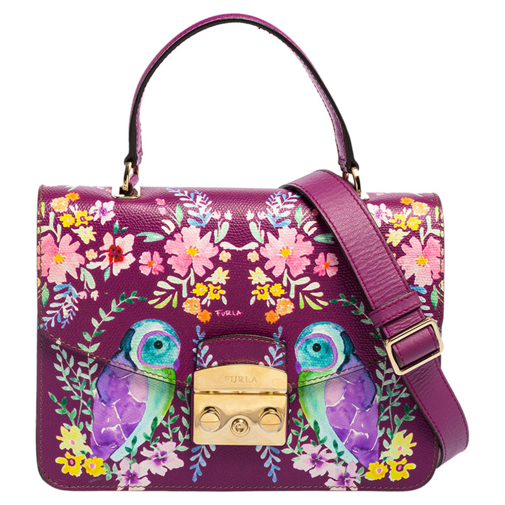 Pre Owned Furla Purple Bird and Floral Print Coated Canvas Metropolis Top Handle Bag
