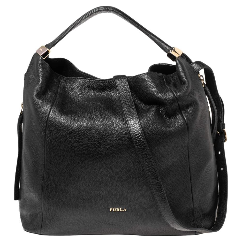 Pre Owned Furla Black Leather Elizabeth Zip Hobo