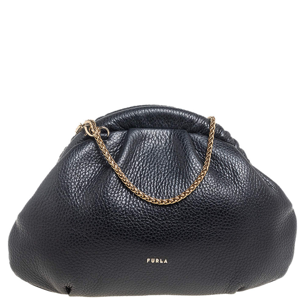 Pre Owned Furla Black Leather Chain Clutch