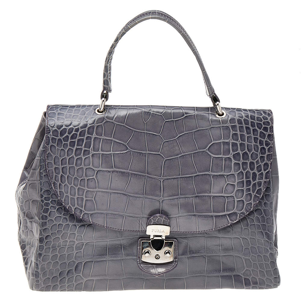 Pre Owned Furla Grey Croc Embossed Leather Top Handle Bag