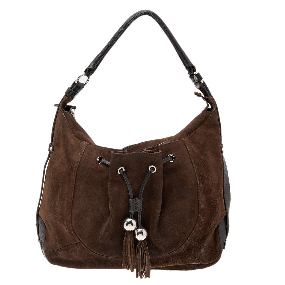 Pre Owned Furla Brown Suede And Leather Drawstring Hobo