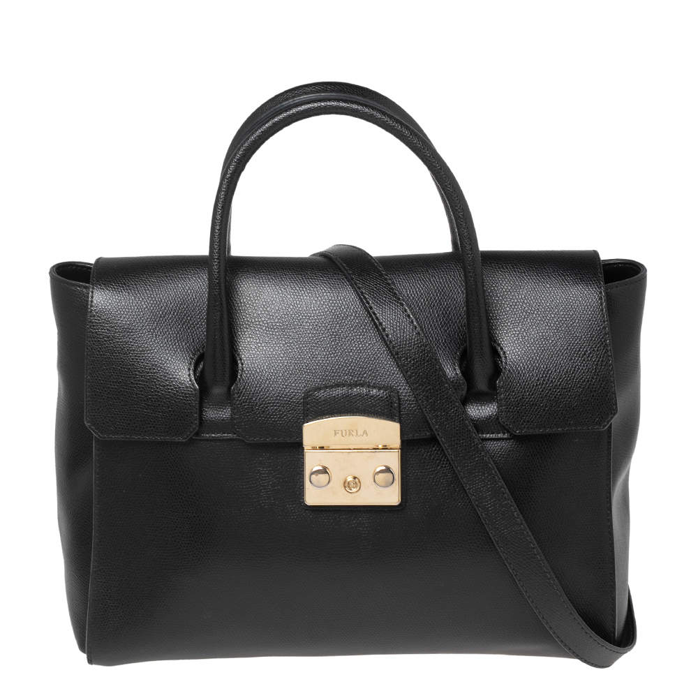 Pre Owned Furla Black Leather Metropolis Tote
