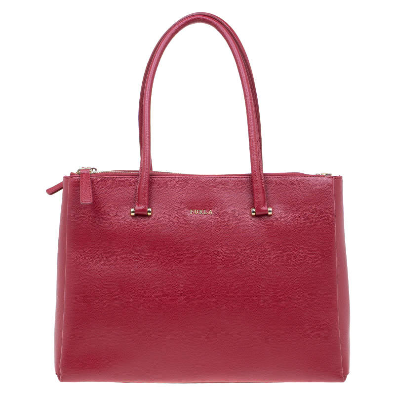 Pre Owned Furla Red Textured Leather Large Lotus Tote