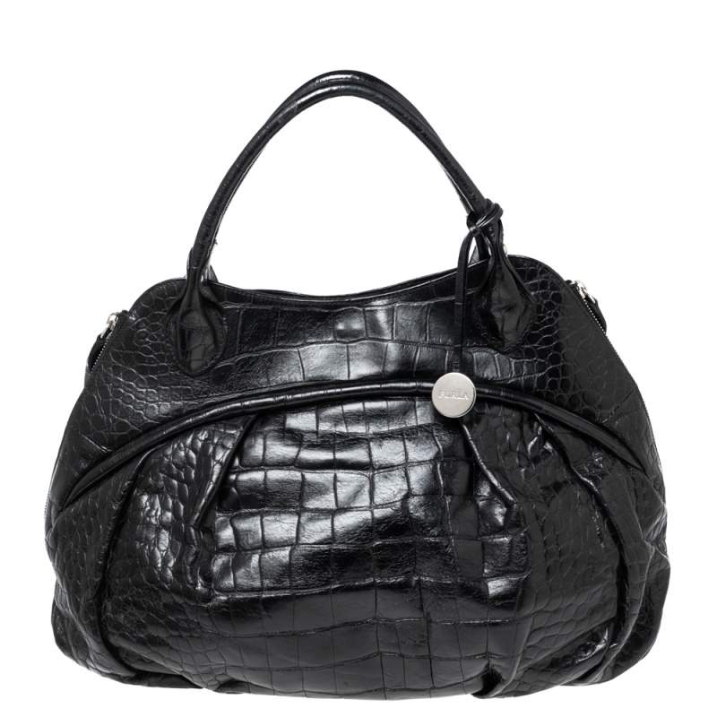 Pre Owned Furla Black Croc Embossed Leather Satchel