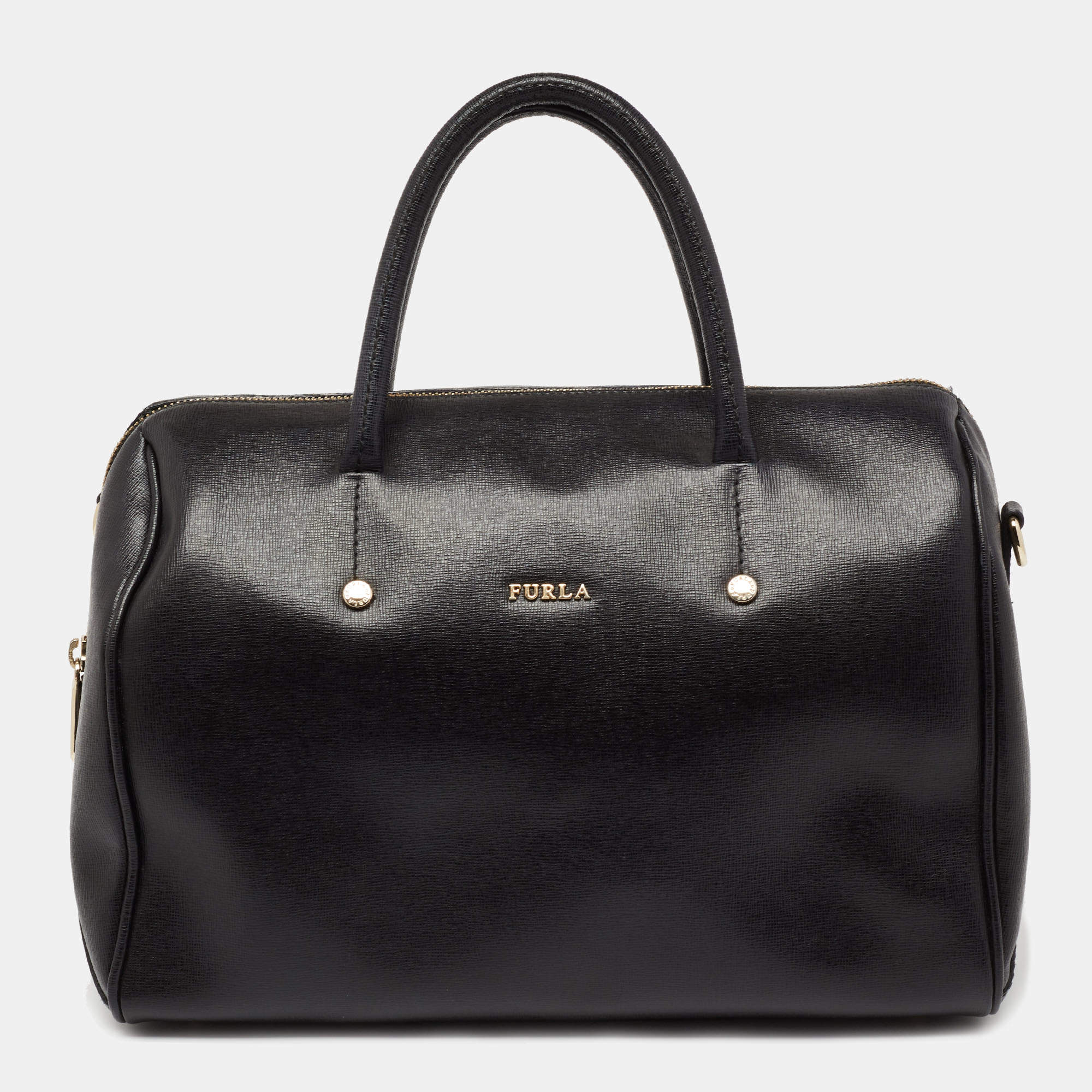 Pre Owned Furla Black Leather Medium Boston Bag