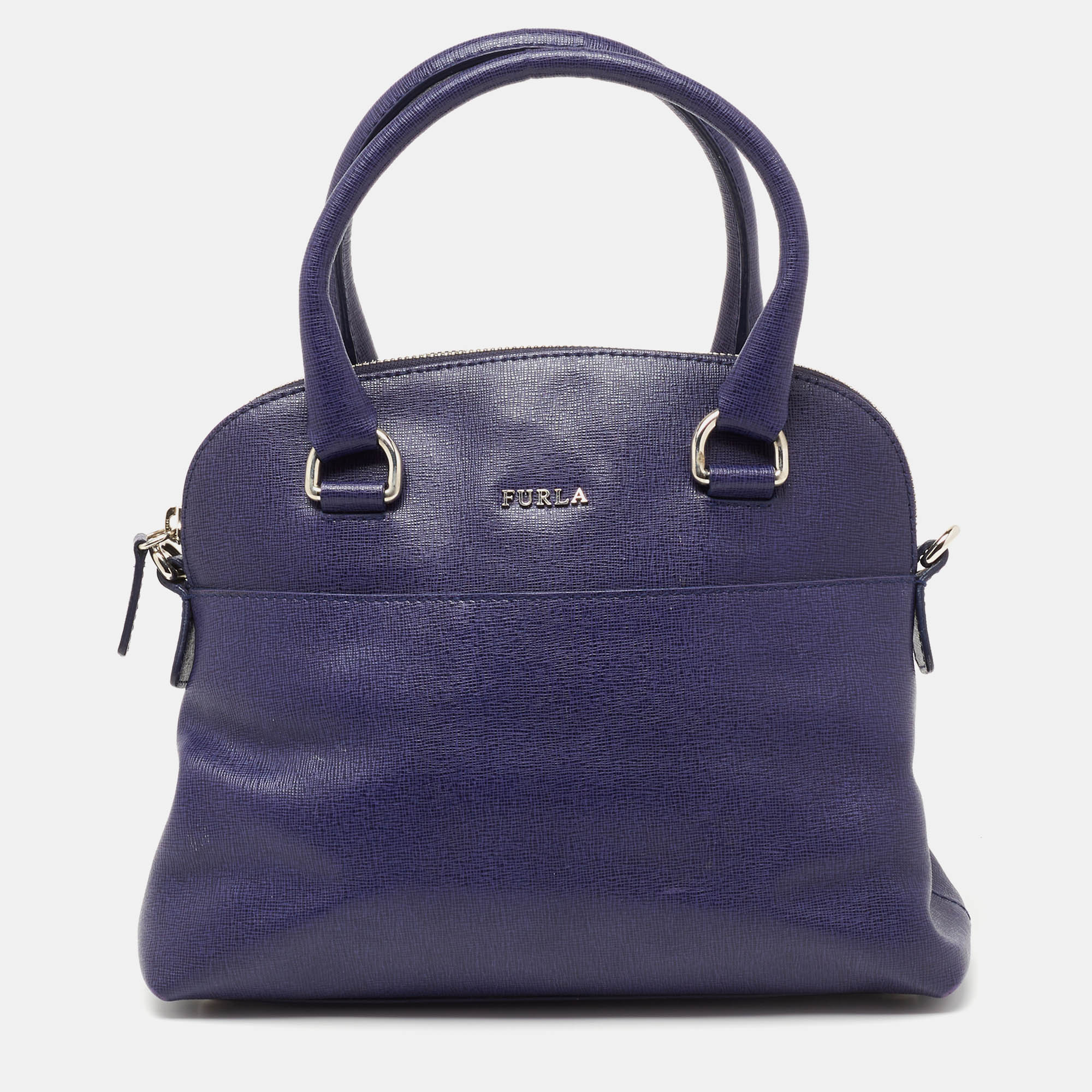 Pre Owned Furla Navy Blue Leather Logo Satchel