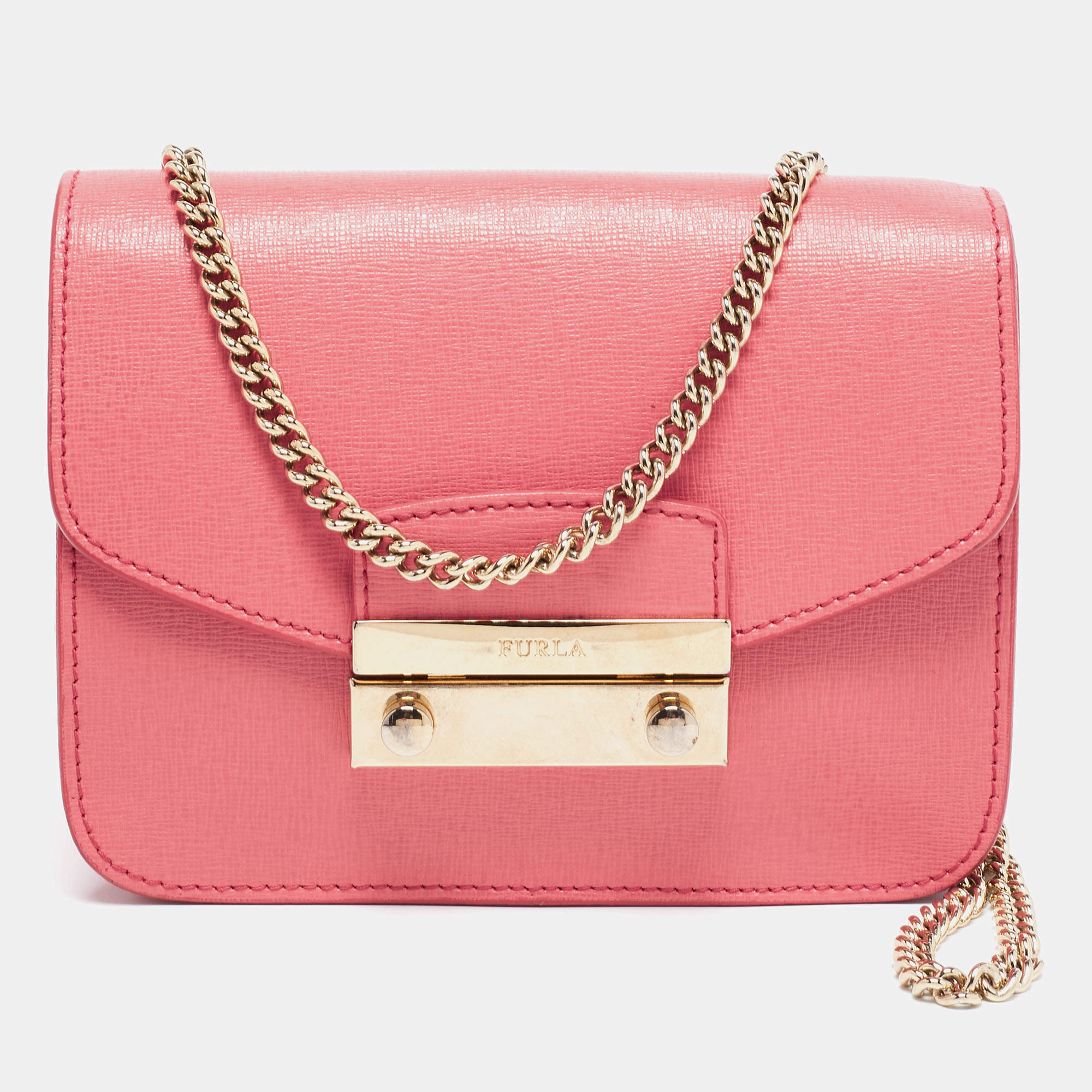 Furla Coral Pink Saffiano Leather Mini Metropolis Chain Shoulder Bag ...