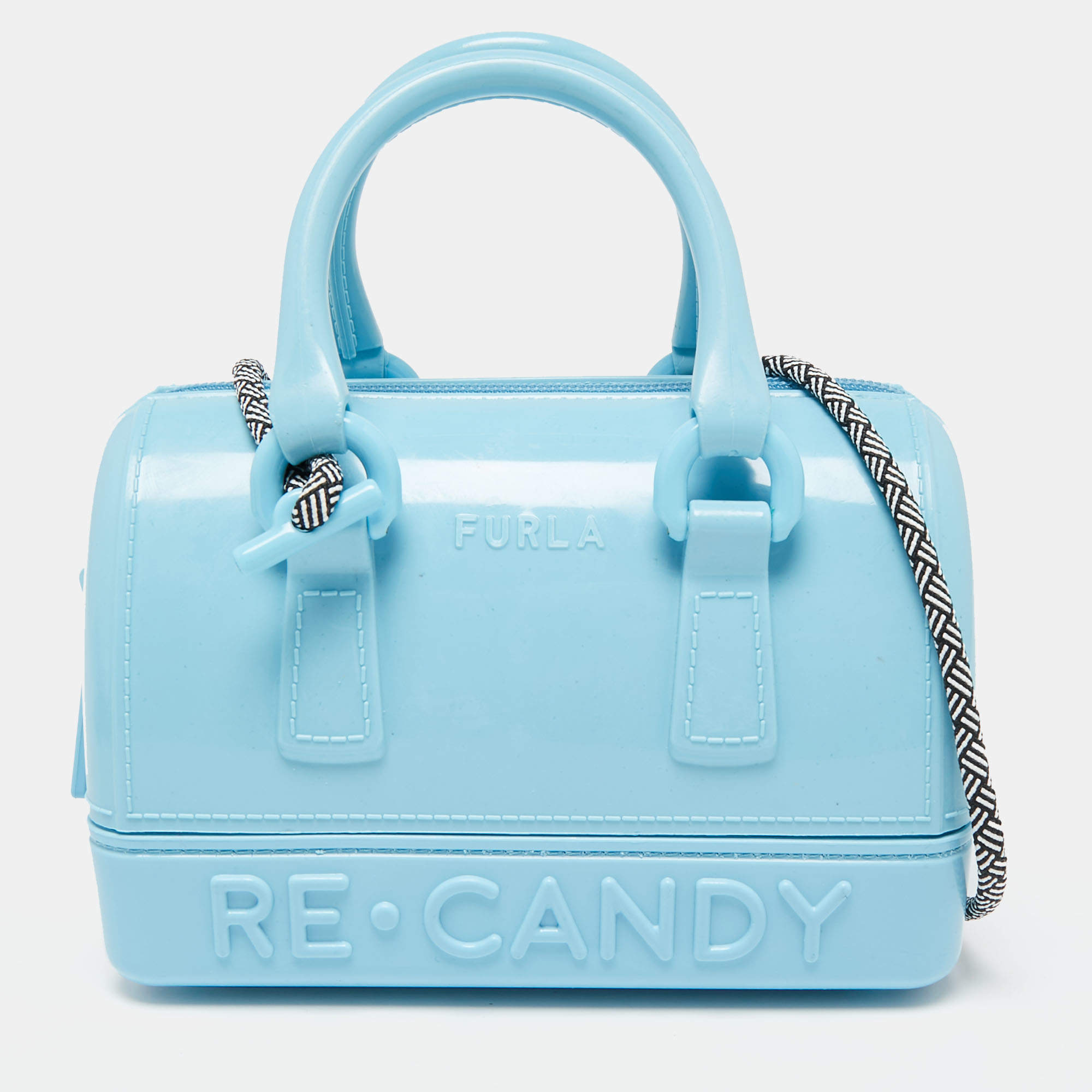 Pre Owned Furla Light Blue Rubber Mini M Candy Boston Bag