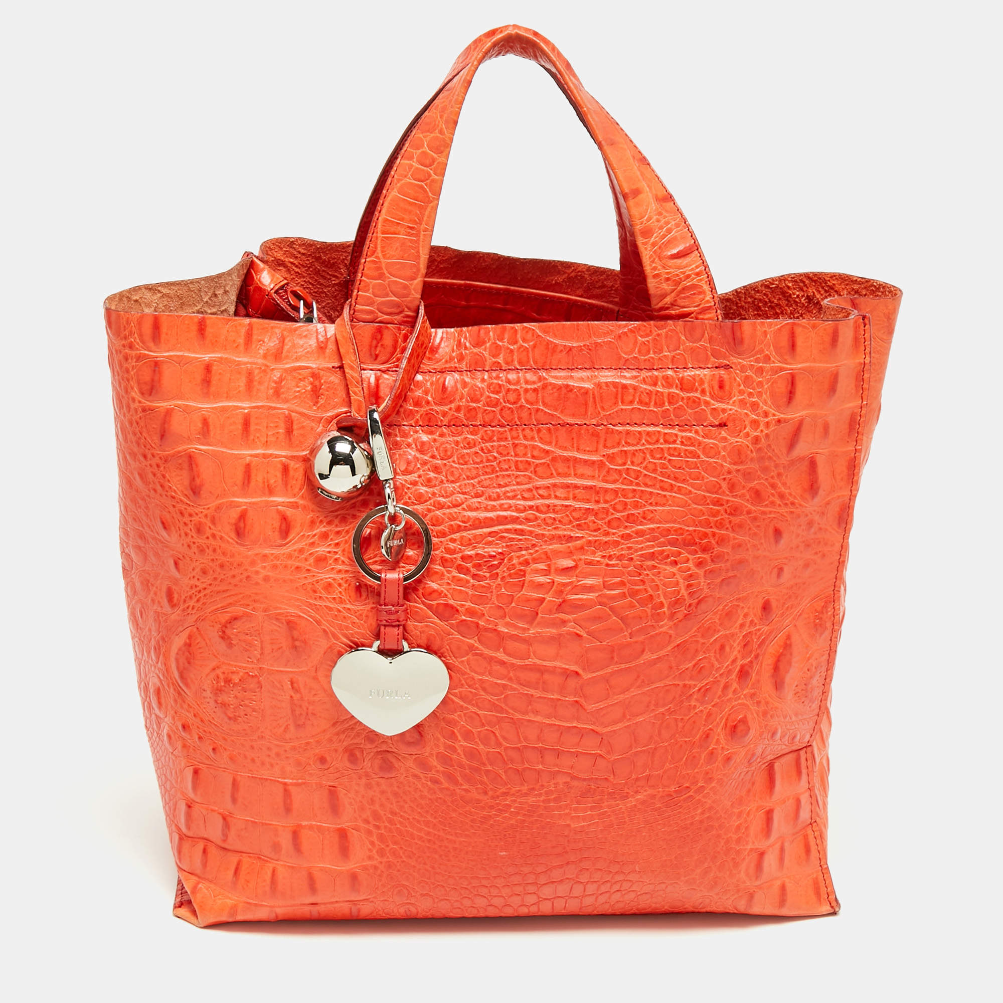 Pre Owned Furla Orange Croc Embossed Leather Divide It Tote