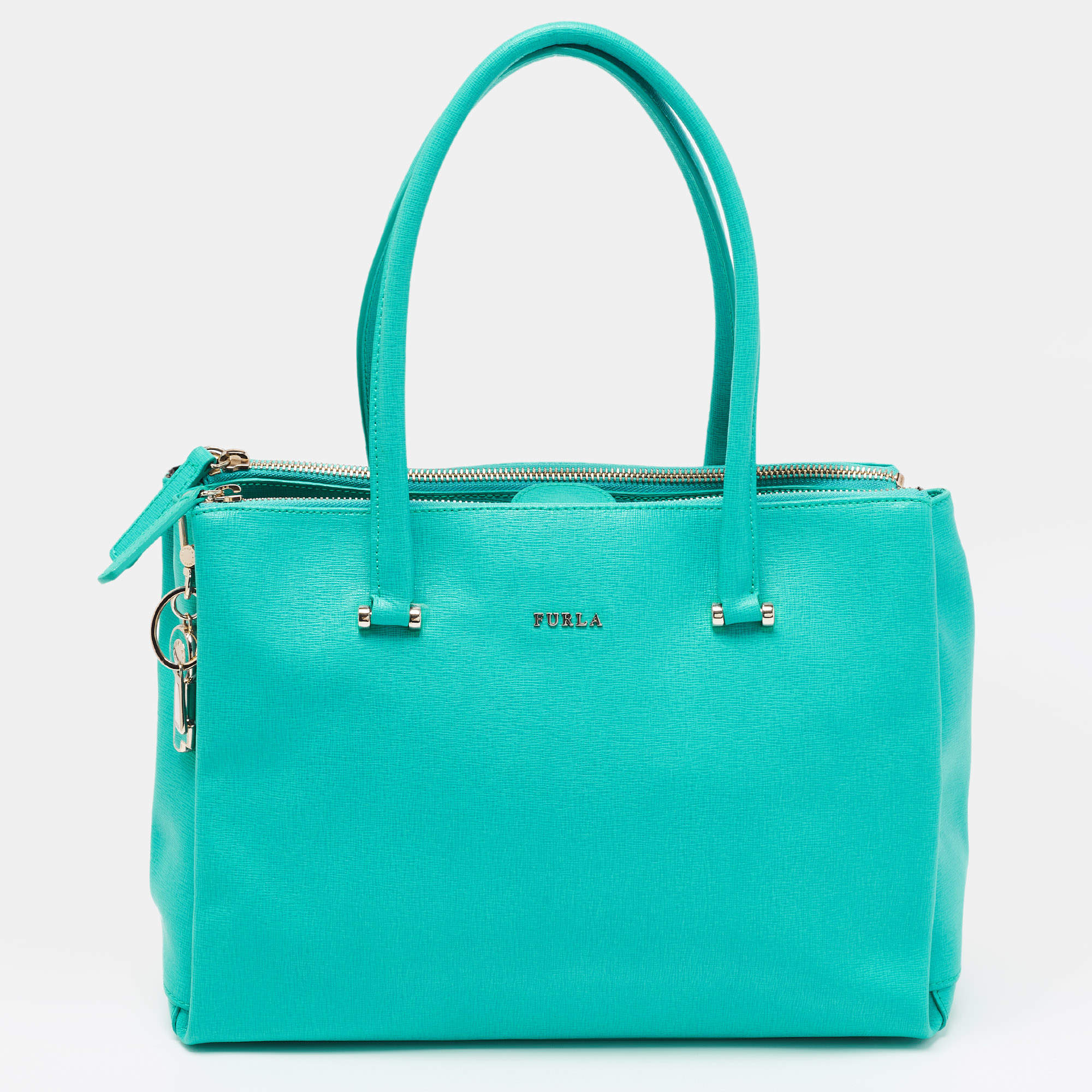 Pre Owned Furla Aqua Green Leather Linda Tote