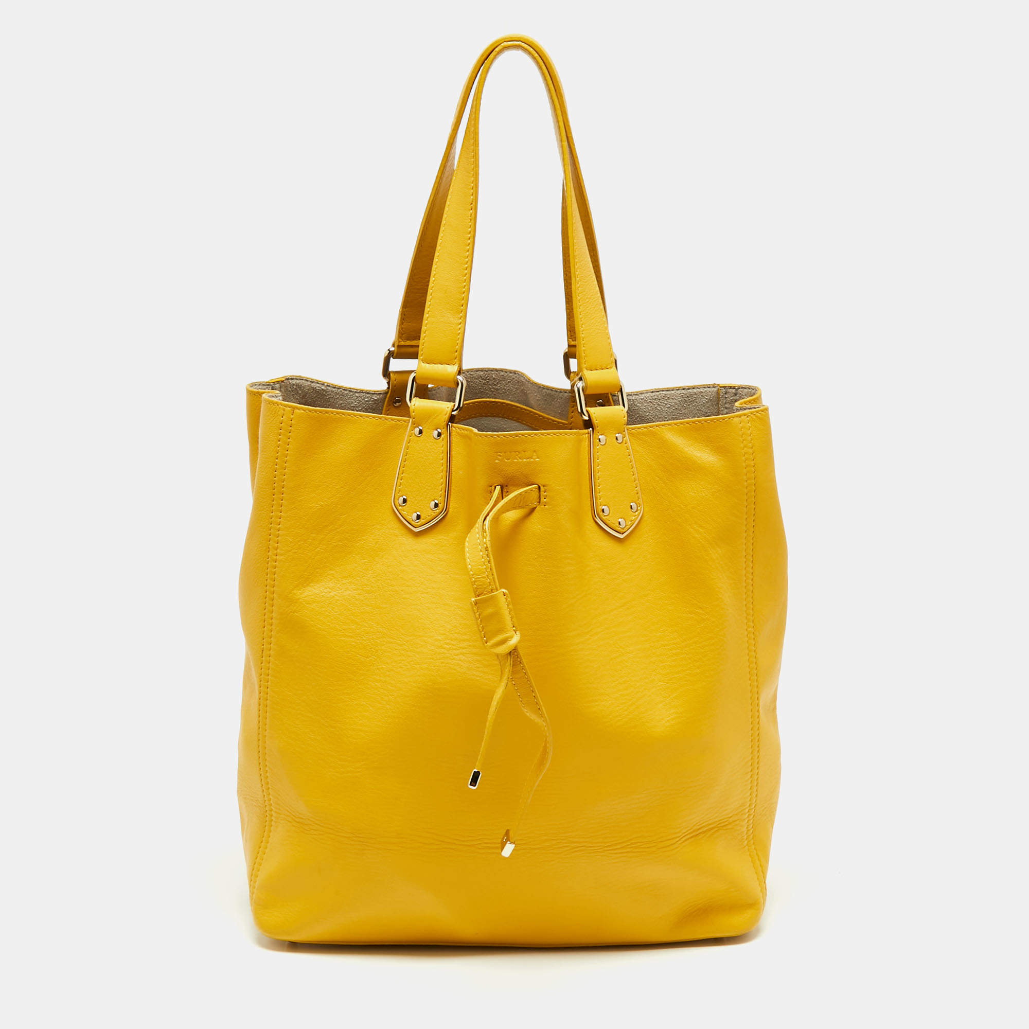 Pre Owned Furla Mustard Leather Drawstring Tote