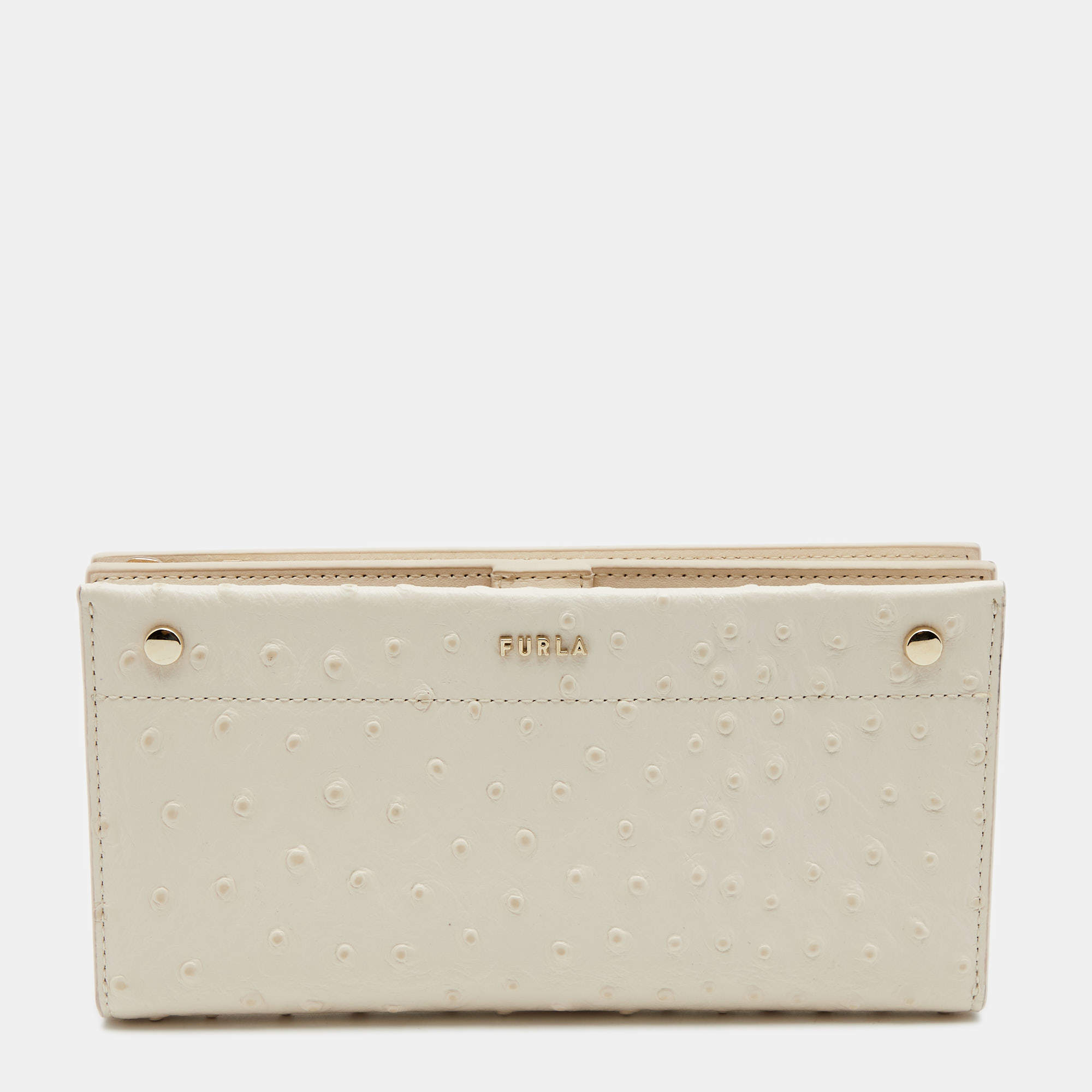 Pre Owned Furla Cream Ostrich Embossed Leather Continental Wallet