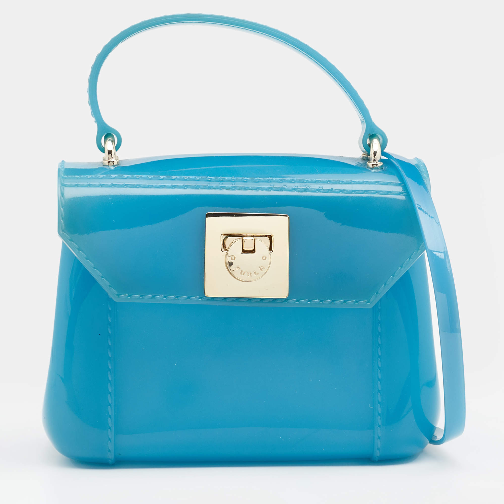 Furla Blue Glossy Rubber Mini Candy Top Handle Bag
