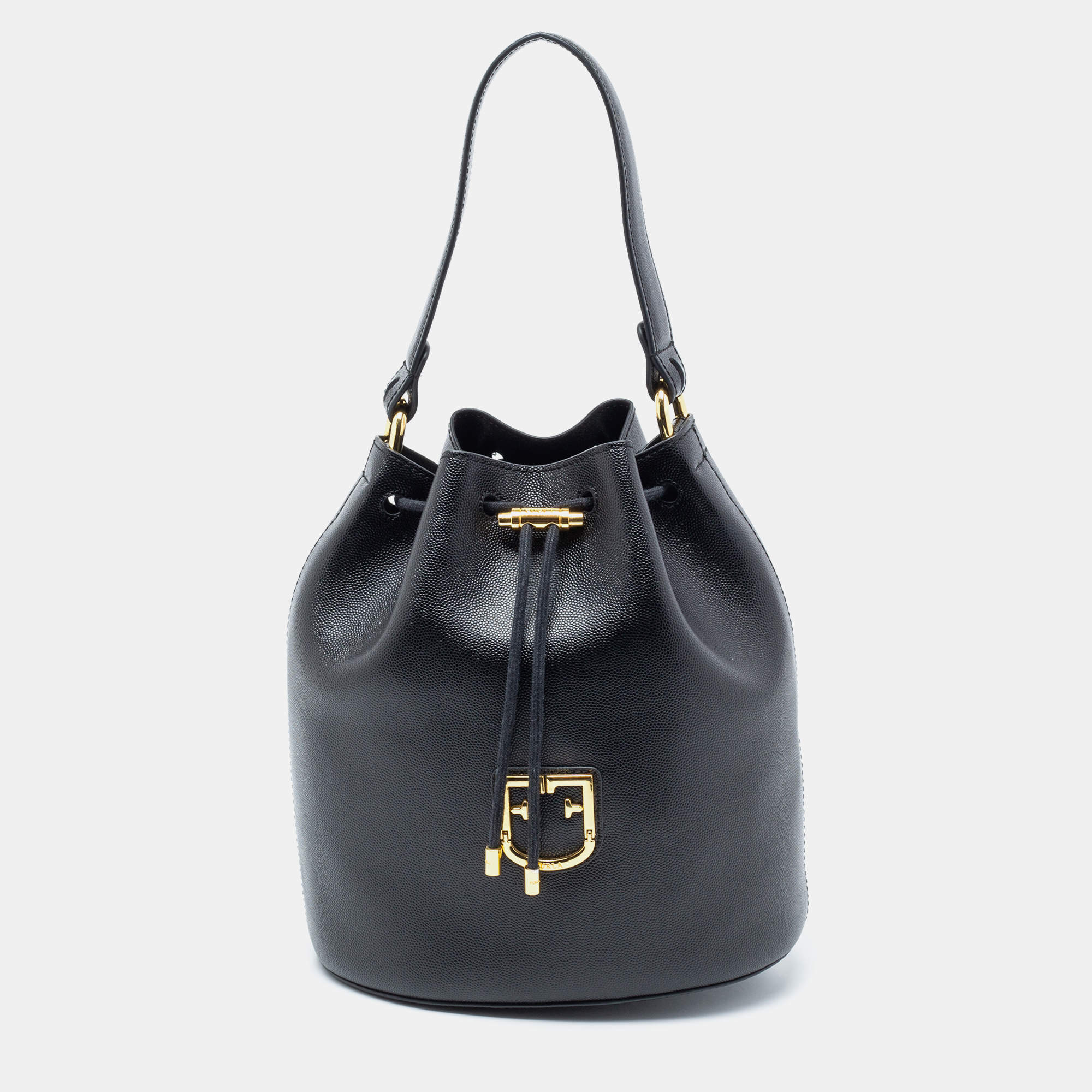 Pre Owned Furla Black Leather Drawstring Bucket Bag