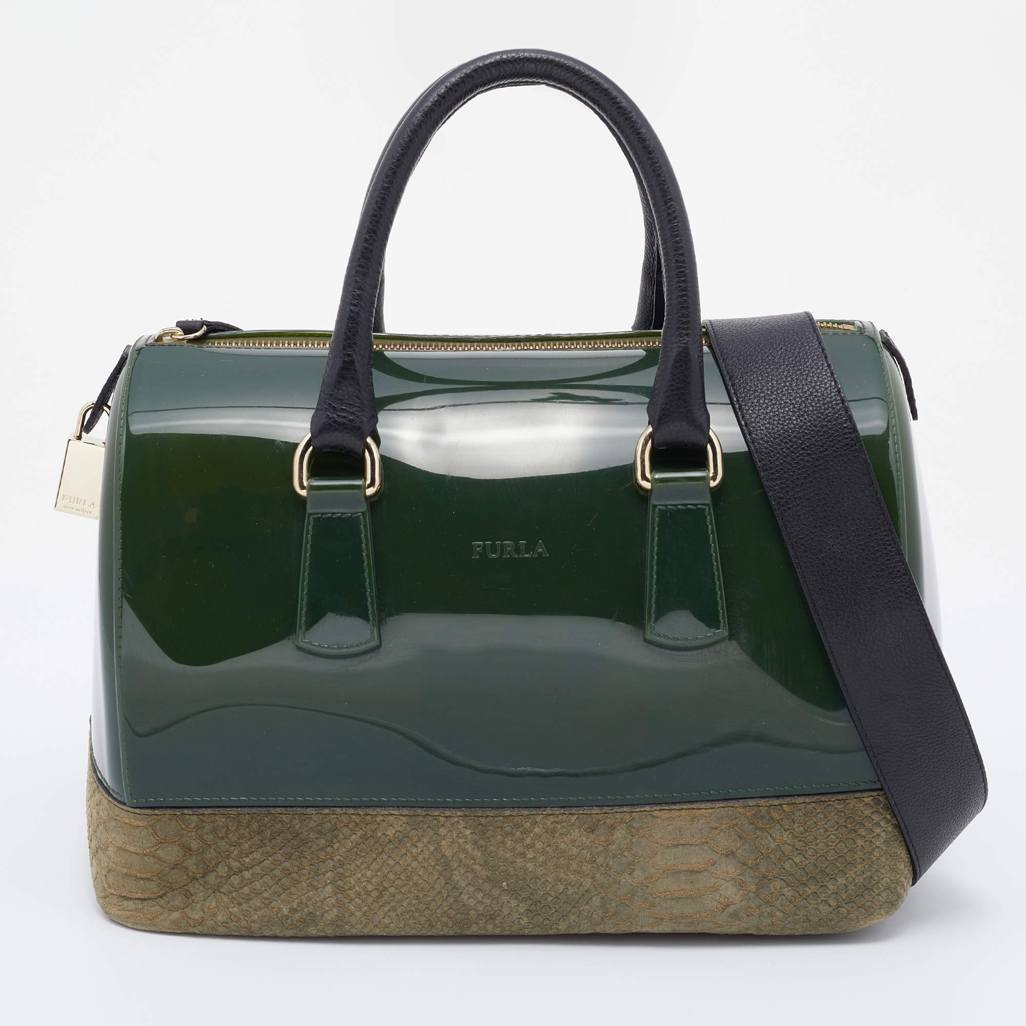 Pre Owned Furla Green Rubber and Python Embossed Leather Medium Candy Satchel