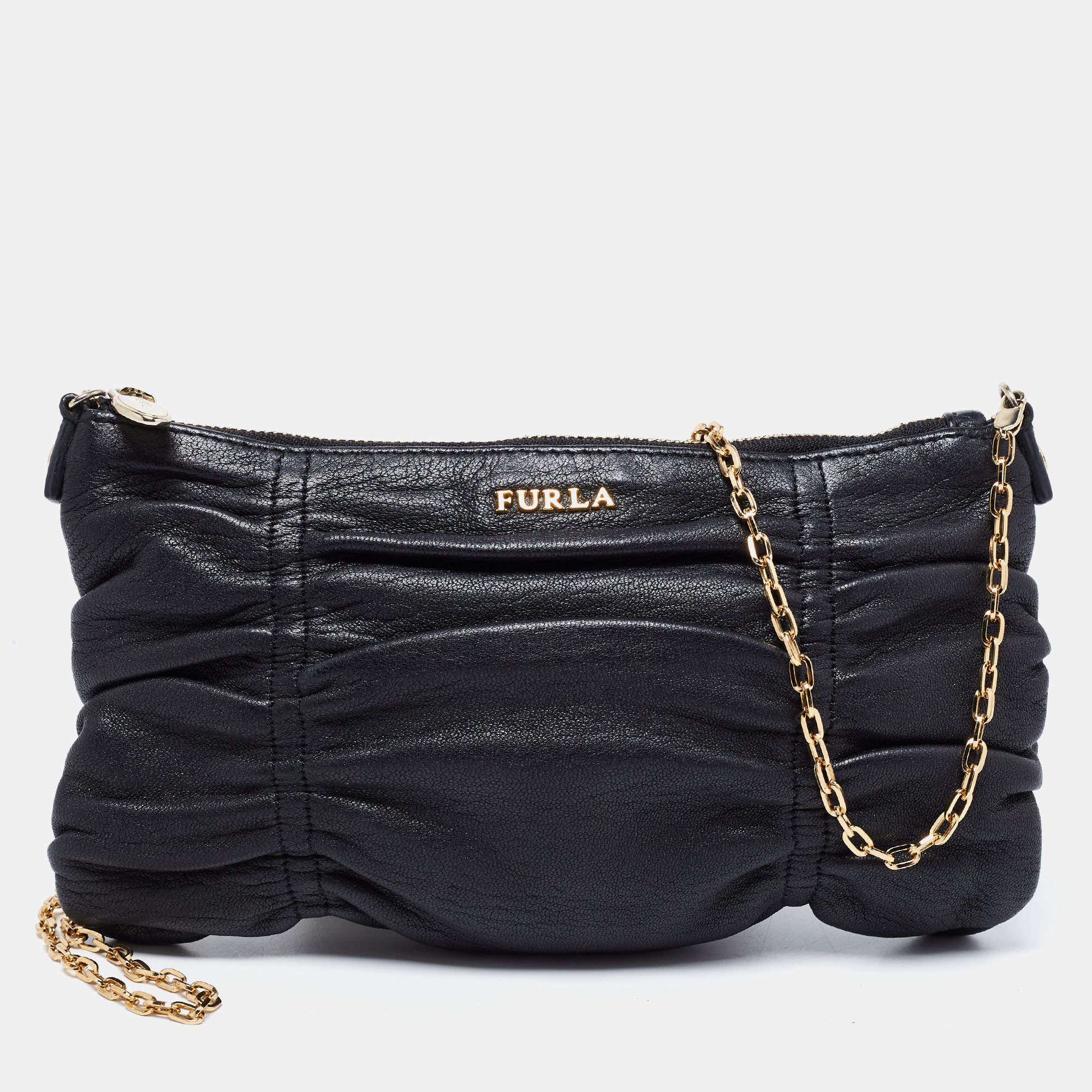 Pre Owned Furla Black Leather Chain Crossbody Bag