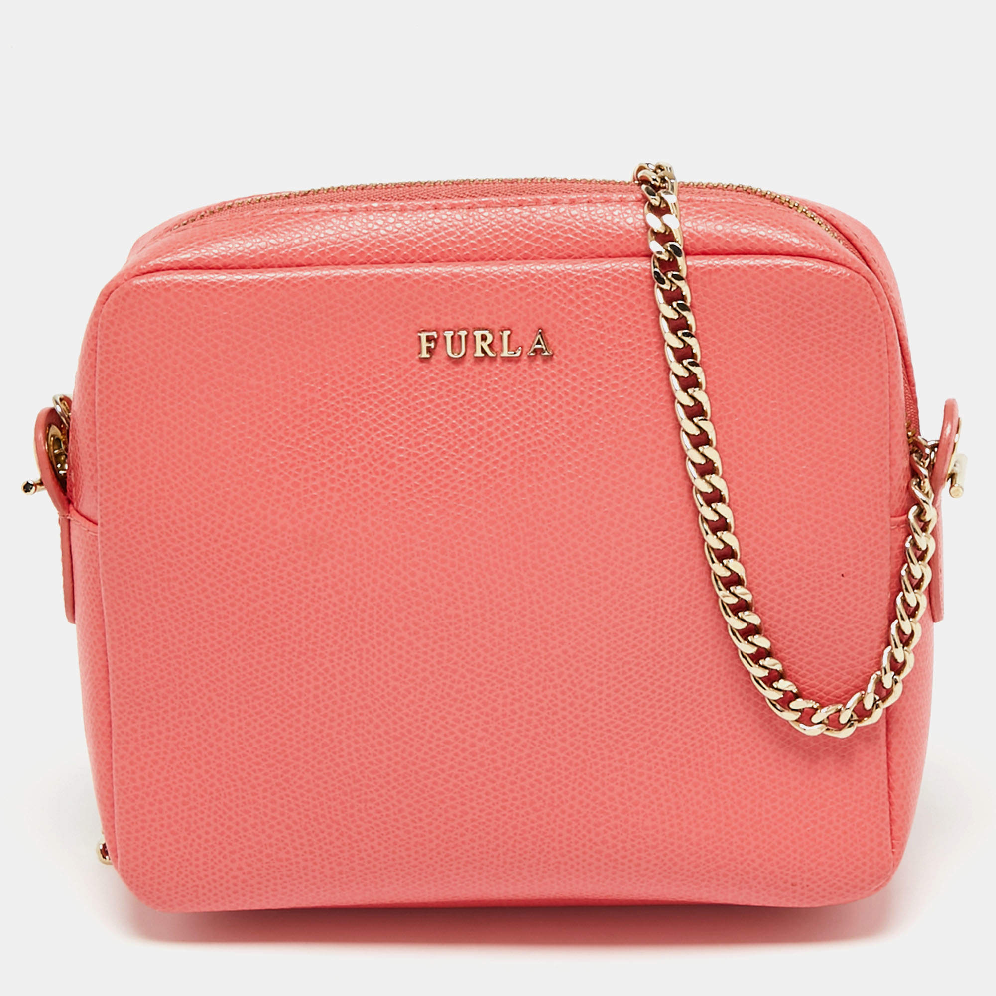 Pre Owned Furla Melon Orange Leather Boheme Chain Crossbody Bag