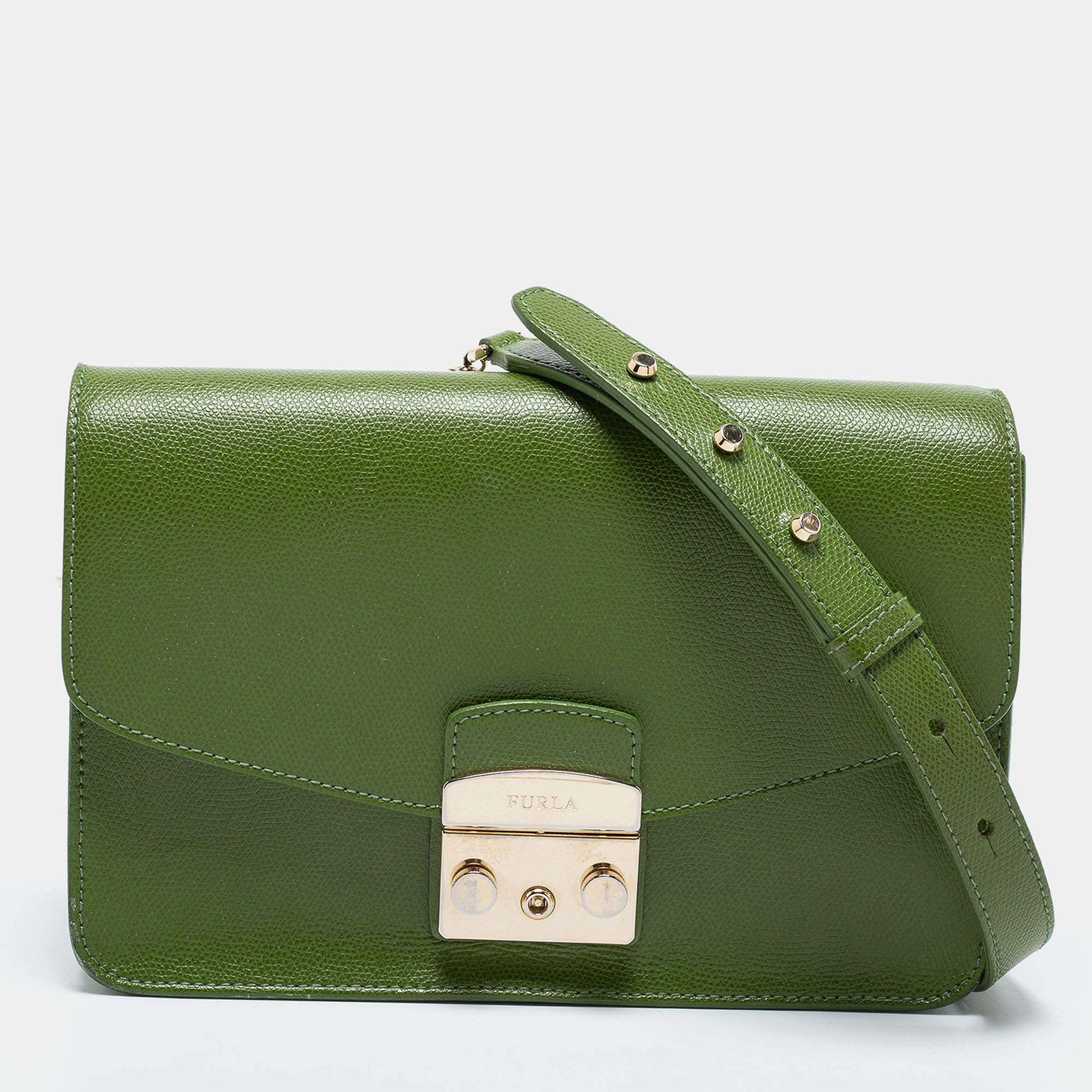 Pre Owned Furla Olive Green Leather Small Metropolis Crossbody Bag