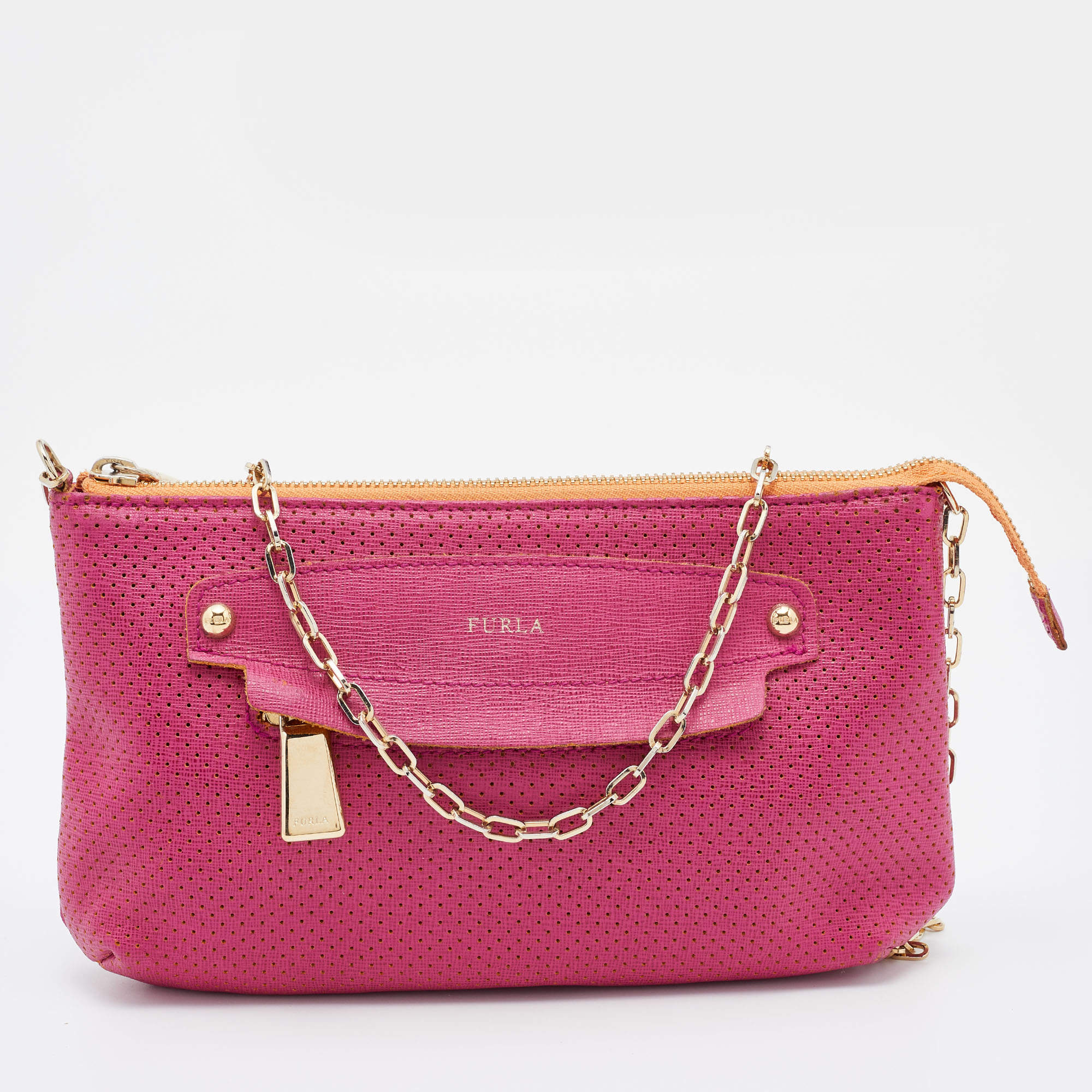 Furla Pink Perforated Leather Chain Crossbody Bag