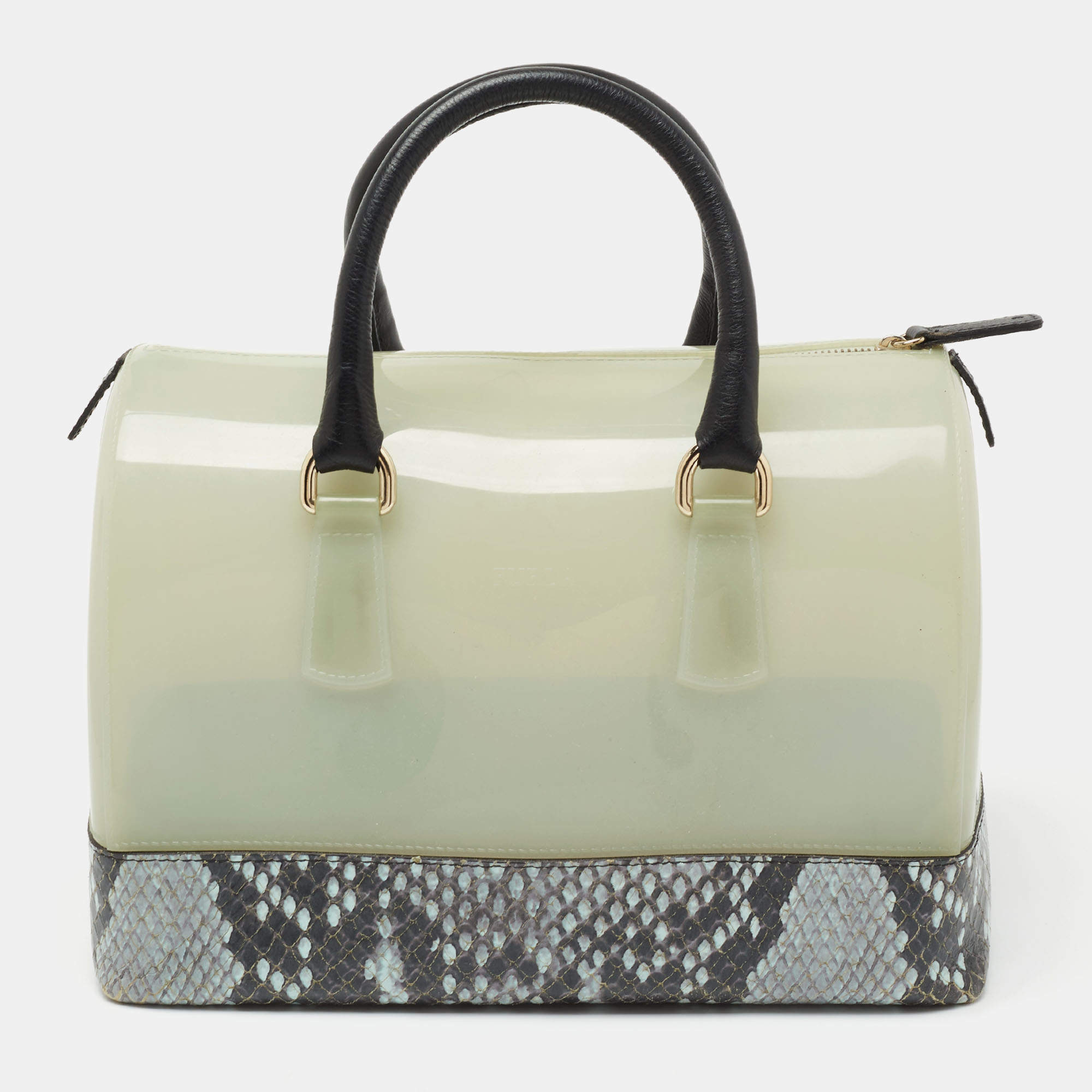 Pre Owned Furla Black/Grey Rubber and Python Embossed Leather Medium Candy Satchel